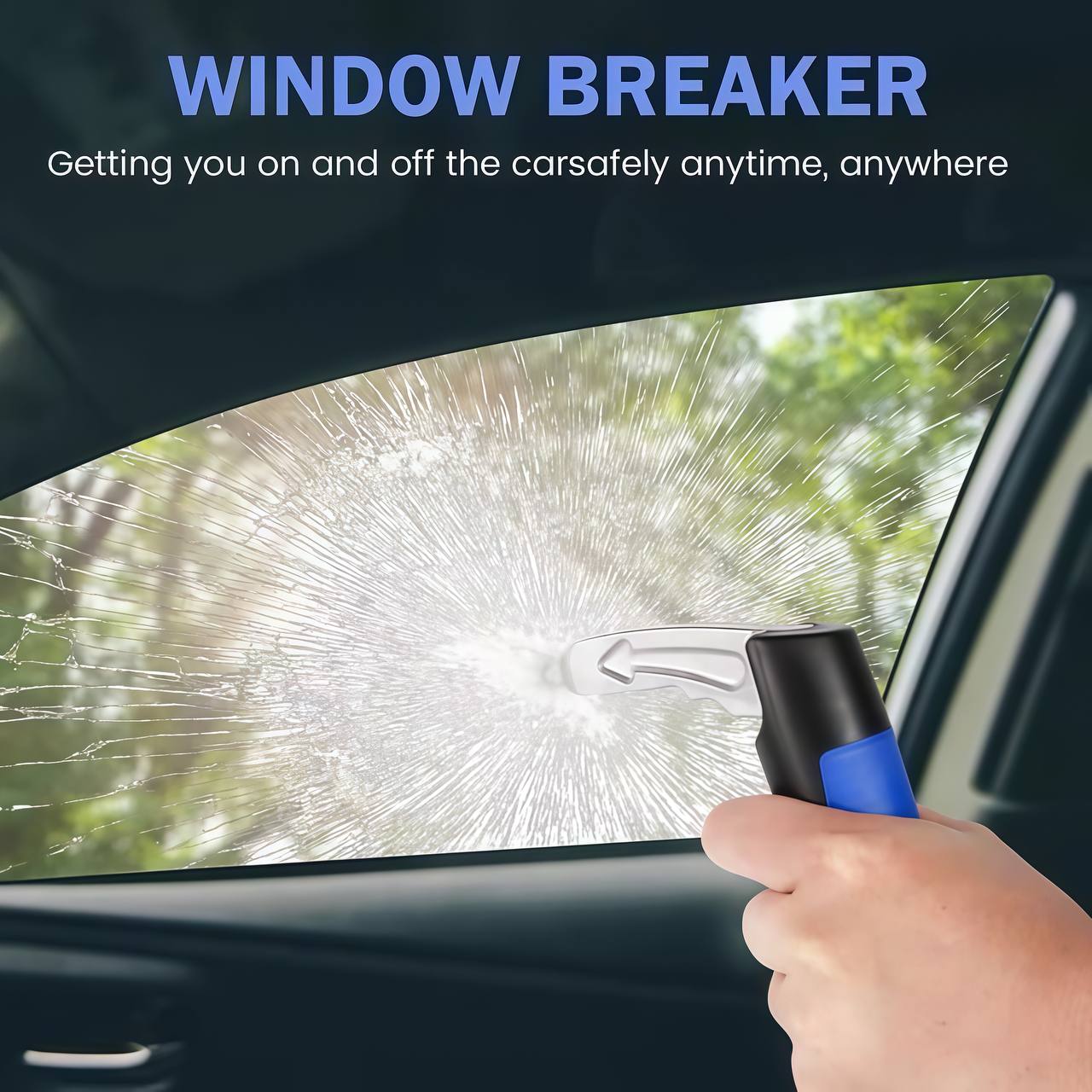 Window breaker tool being used to break a car window, with text indicating safety use.