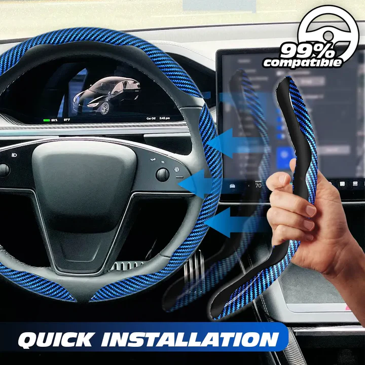 Car steering wheel cover with blue carbon fiber pattern being installed in a vehicle.