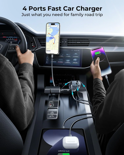 Car interior with a 4-port fast car charger and multiple devices being charged.