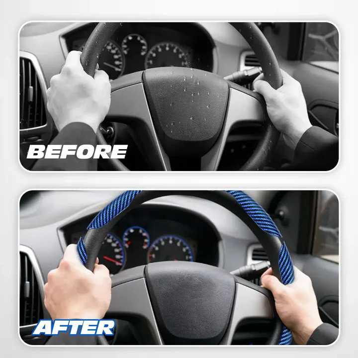 Before and after comparison of a car steering wheel with a blue cover.