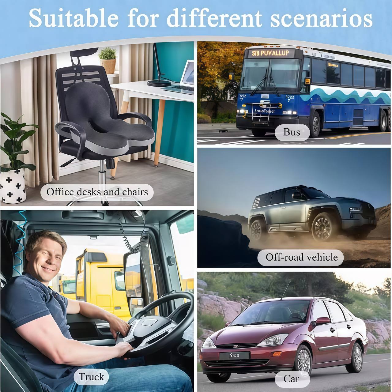 Collage of office furniture, a bus, off-road vehicle, truck driver, and car with text indicating suitability for different scenarios.