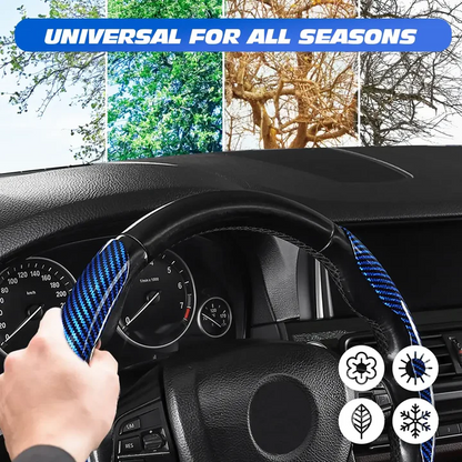 Steering wheel cover with blue and black pattern on a car dashboard, surrounded by seasonal images.