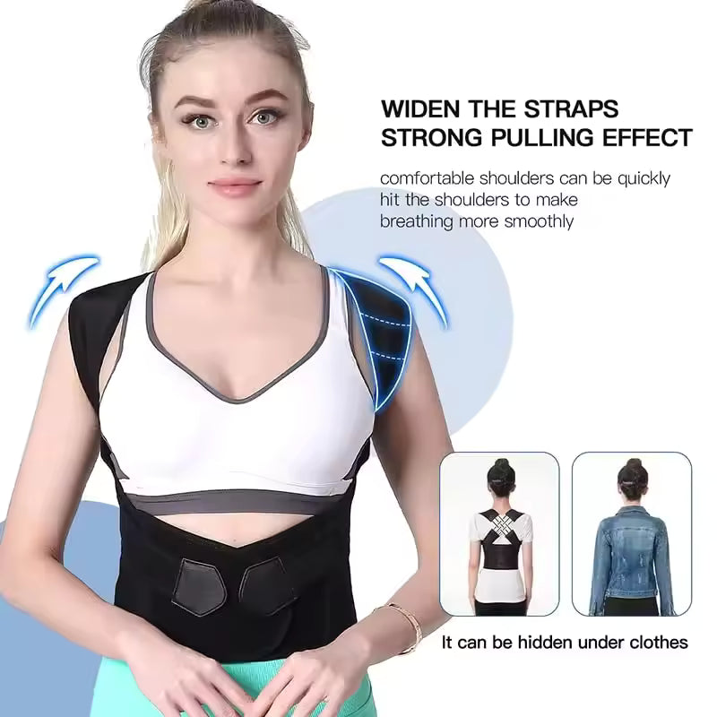 Woman wearing a black posture corrector with text on a white background