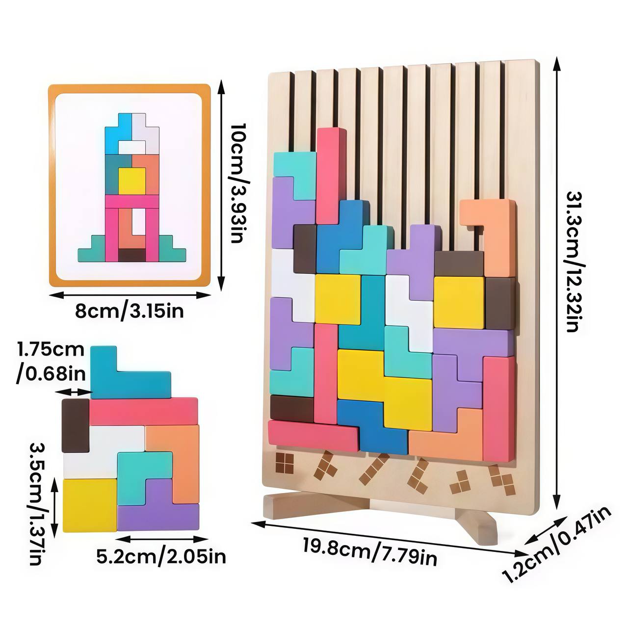 Colorful wooden puzzle with dimensions displayed on a white background