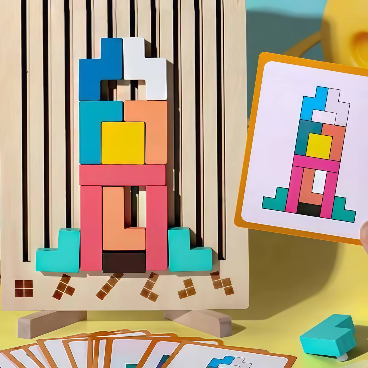 Colorful geometric building blocks with a matching card on a yellow surface