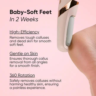 Foot care device with text highlighting benefits on a pink background