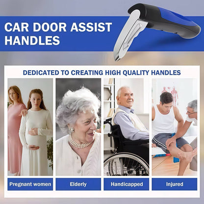 Advertisement for car door assist handles with images of various users and text about product benefits.