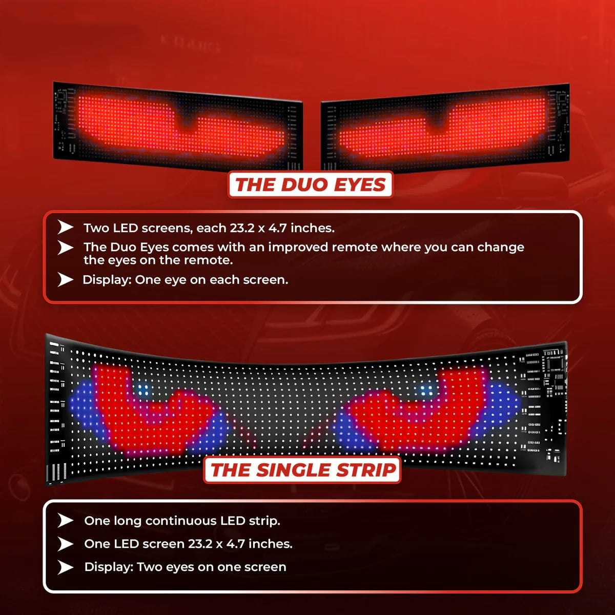 LED screen display with 'The Duo Eyes' and 'The Single Strip' on a red background