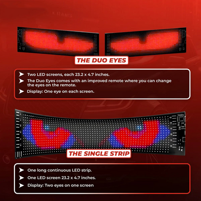 LED screen display with 'The Duo Eyes' and 'The Single Strip' on a red background