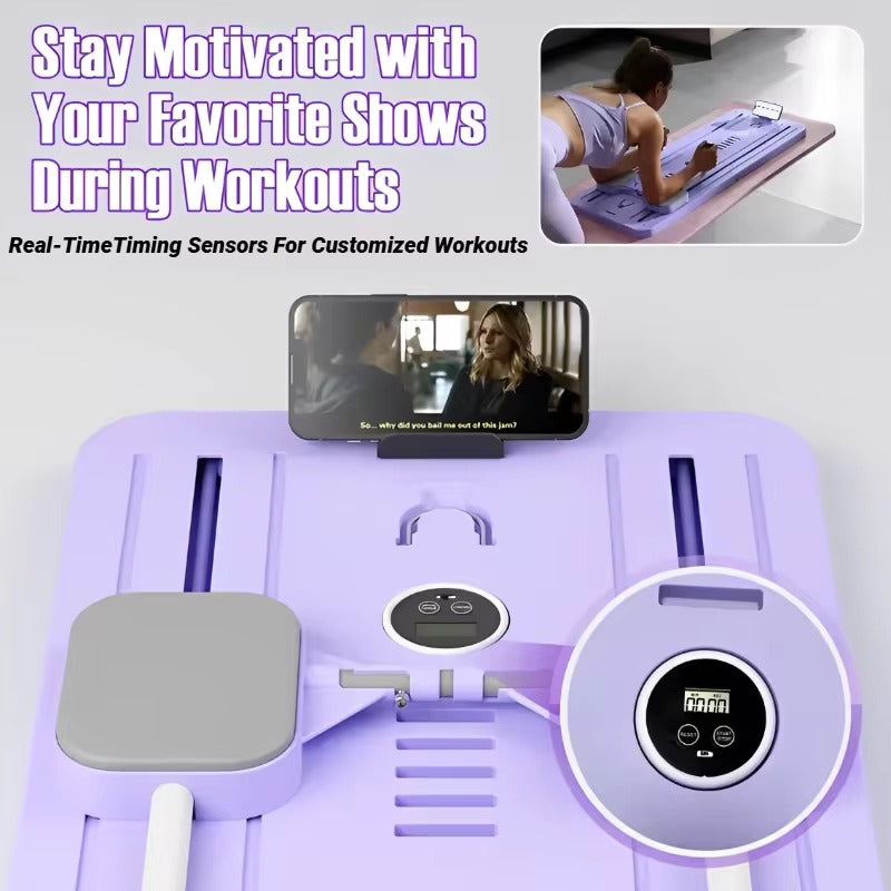 Purple exercise board with screen and text about staying motivated during workouts