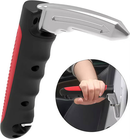 Car safety hammer with black and red handle, silver blade, and inset showing use on car seat.