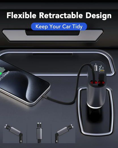 Car organizer with flexible retractable design and phone holder on a car dashboard.