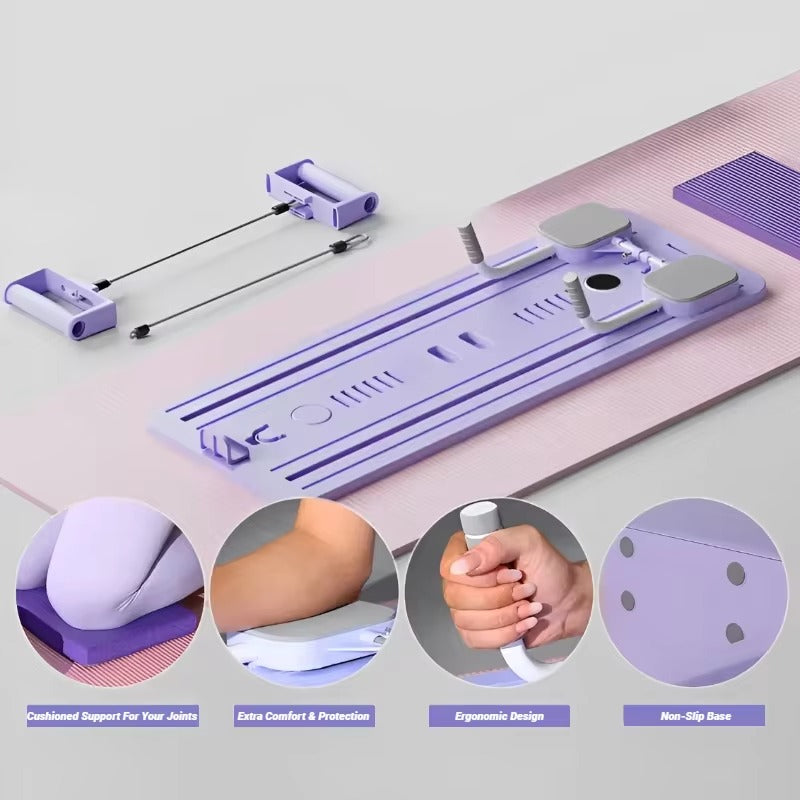 Purple massage roller board with attachments on a light gray background