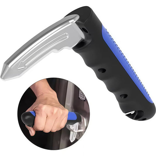Car window breaker with blue handle and black grip, shown with a hand holding it.