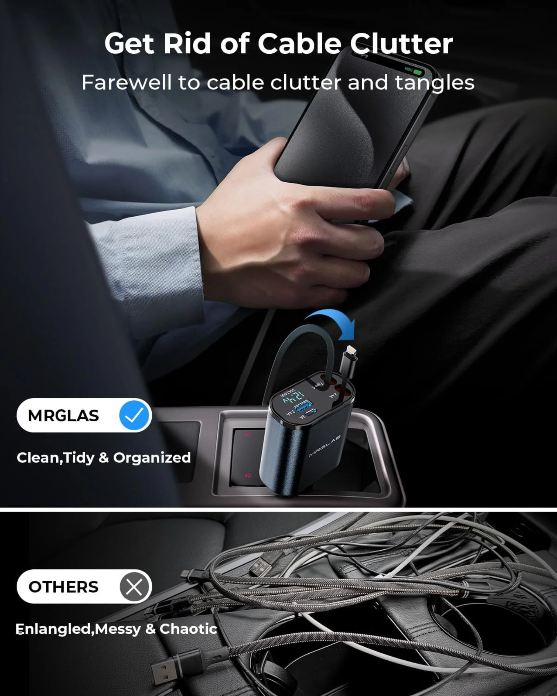 MRGLAS cable management system being used in a car with a clear view of the product, contrasting with tangled cables.