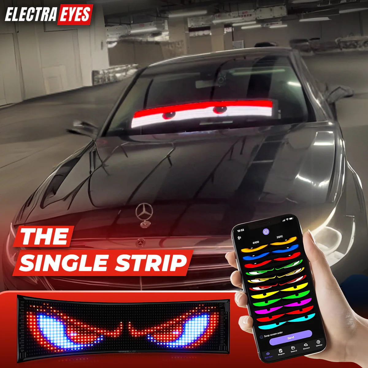 Car with Electra Eyes LED strip and smartphone displaying color options in a garage.