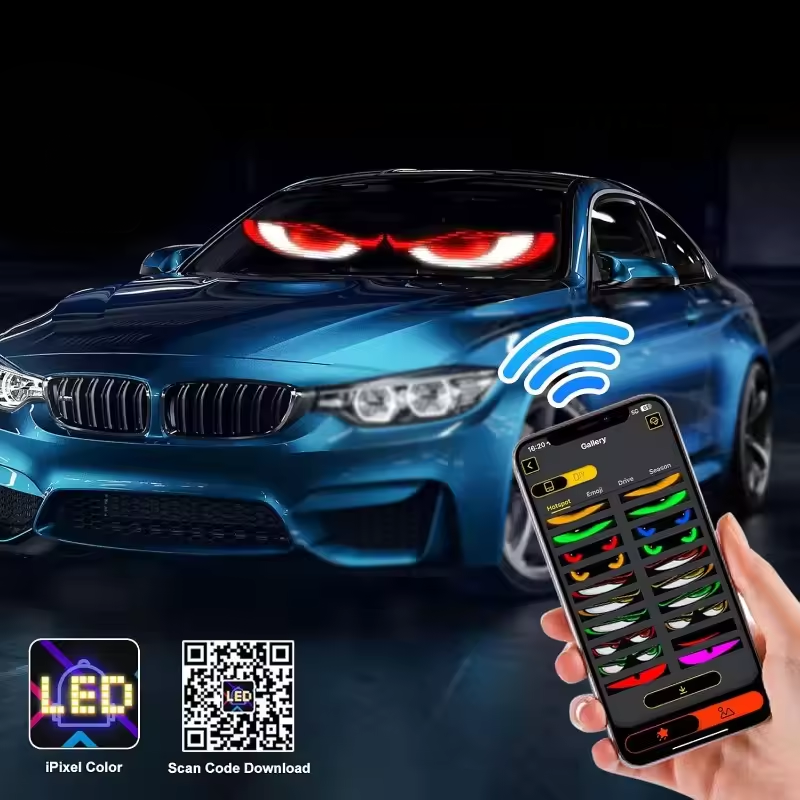 Blue car with red LED eyes and a smartphone app for color selection on a dark background