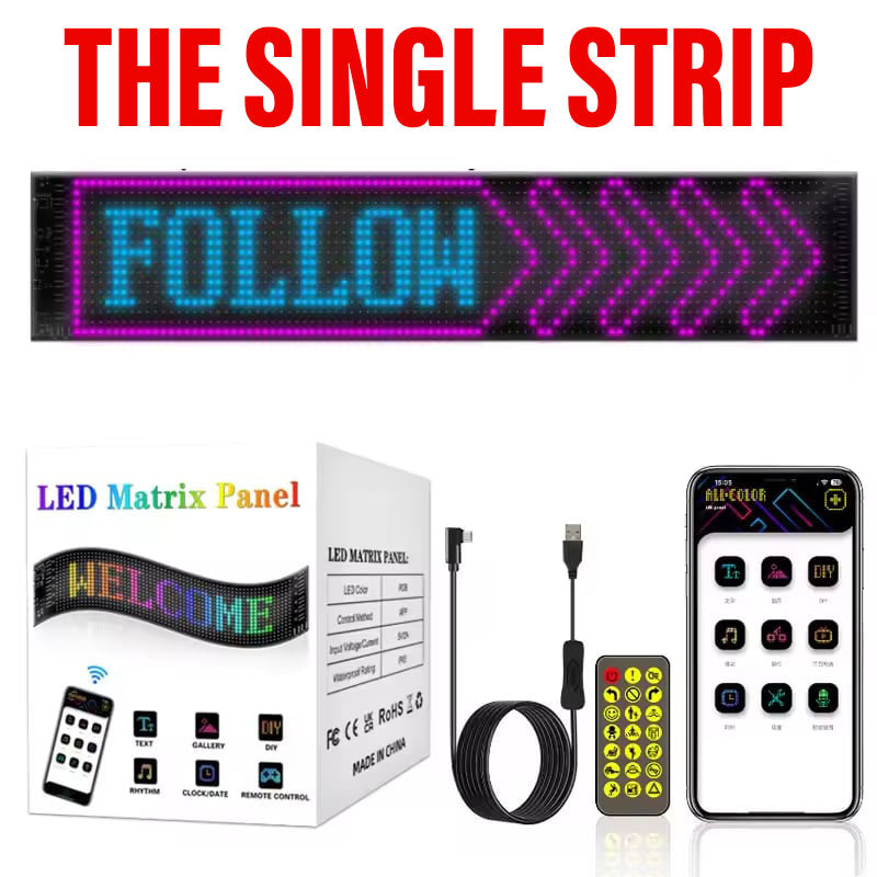 LED display strip with 'FOLLOW' text, packaging, remote control, and smartphone app on a white background.