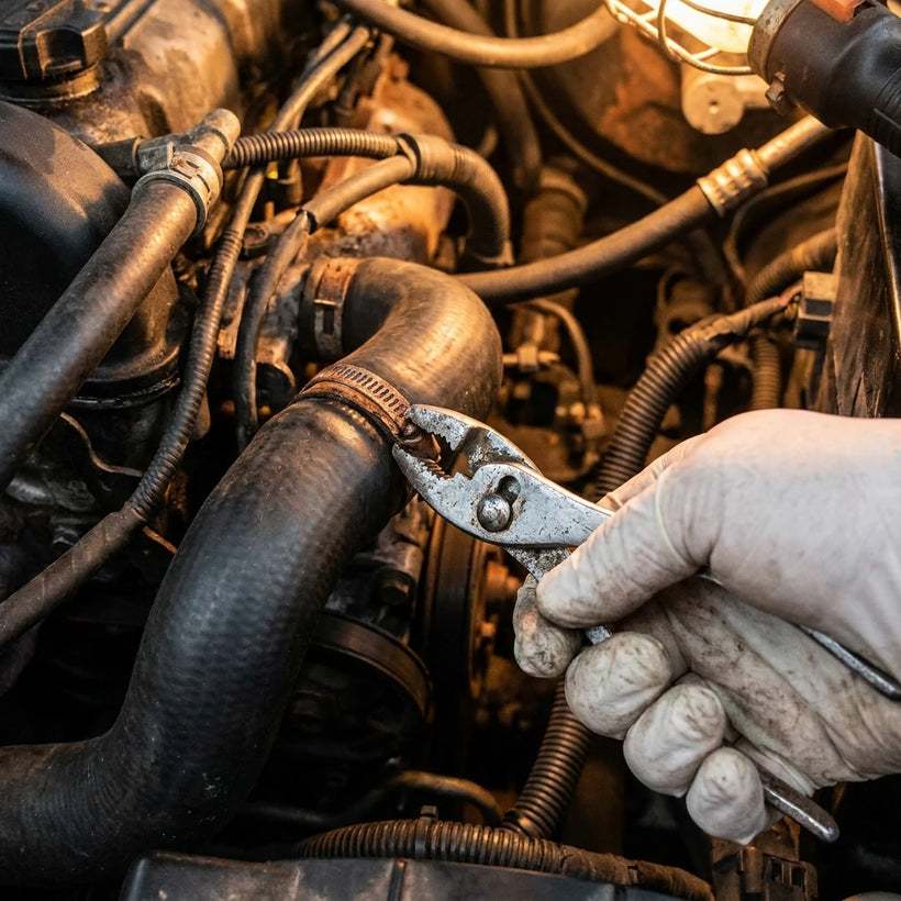 Hand struggling with a stuck spring hose clamp using regular pliers