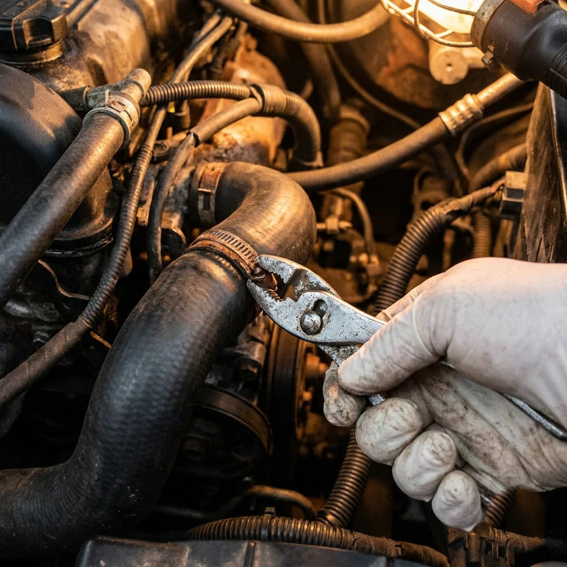 Hand struggling with a stuck spring hose clamp using regular pliers