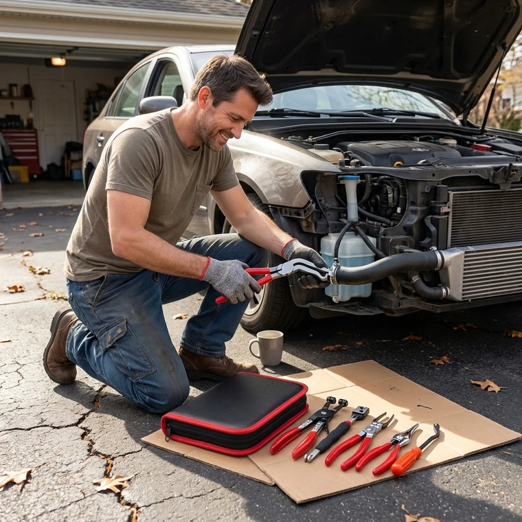 Home mechanic using the hose clamp pliers on a coolant hose in the driveway