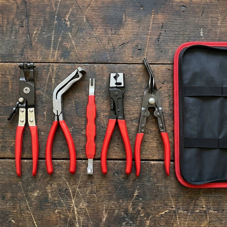All five automotive tools laid out beside the padded zip case