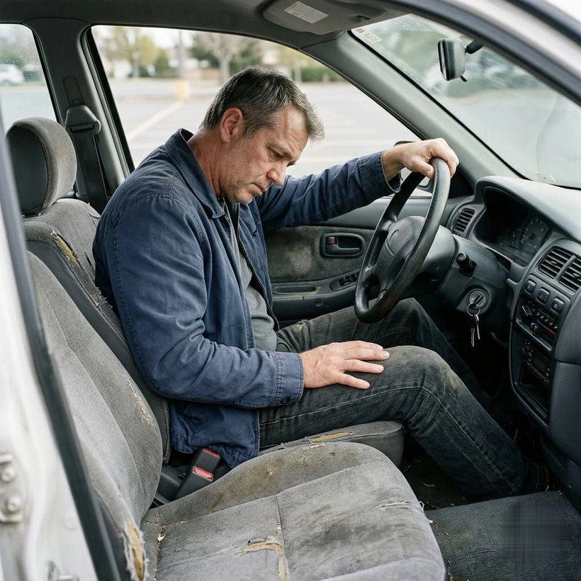Driver slumped and shifting on a flat, worn car seat