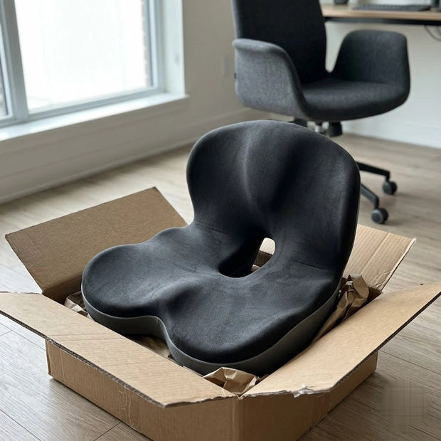 Seat cushion arriving boxed, then placed on an office chair