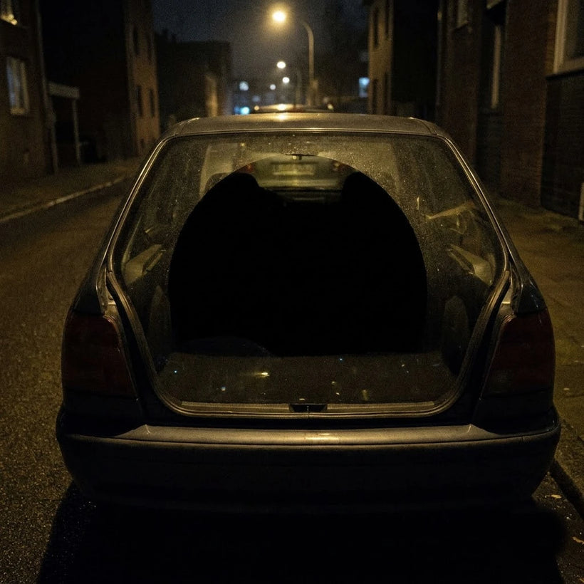A plain dark car rear window with no lighting