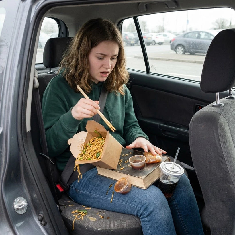Snacks and a drink balanced on a passenger's lap in a car