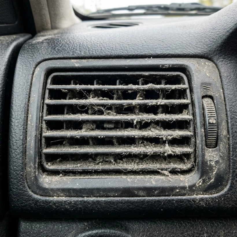 Dusty car dashboard vents packed with grime