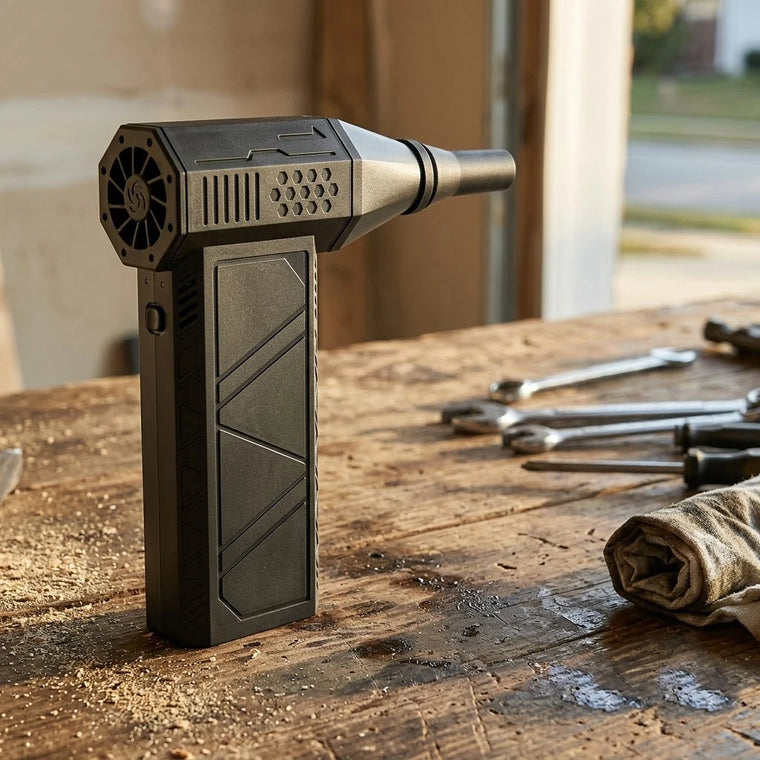 BOLTHUT turbo air duster resting on a workbench in a garage