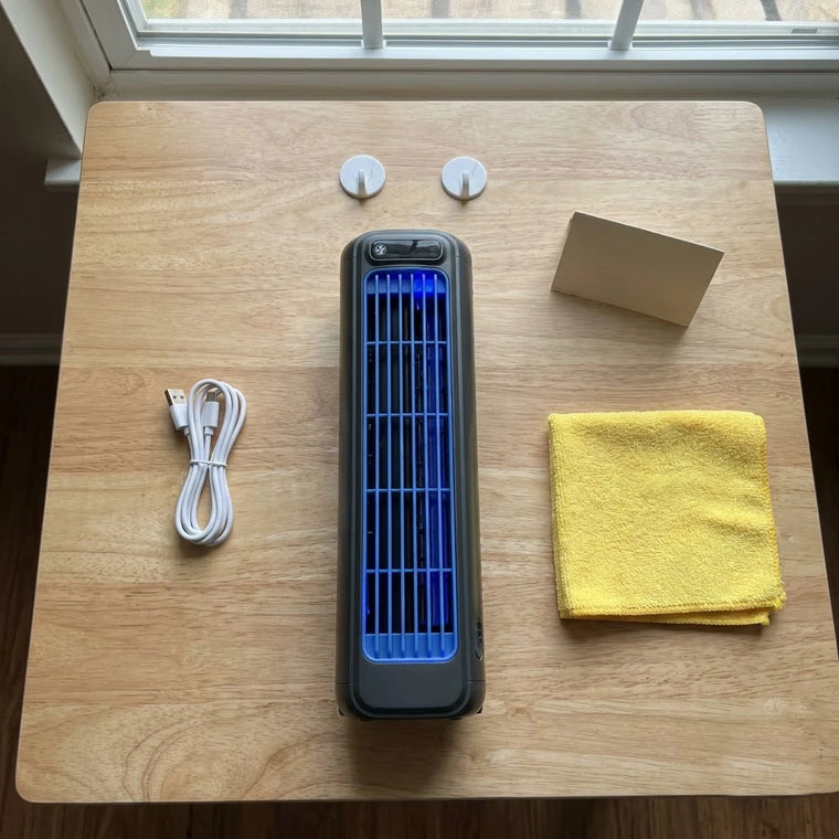 BOLTHUT tower fan with cable, mount, and cloth laid out