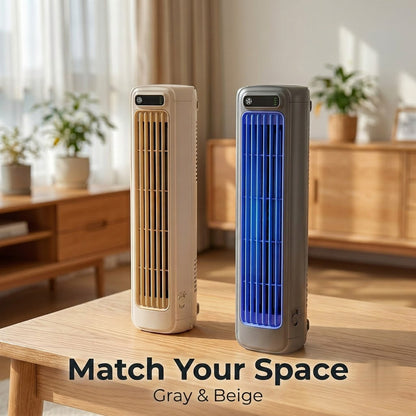 BOLTHUT bladeless tower fan in gray and beige colors on a table