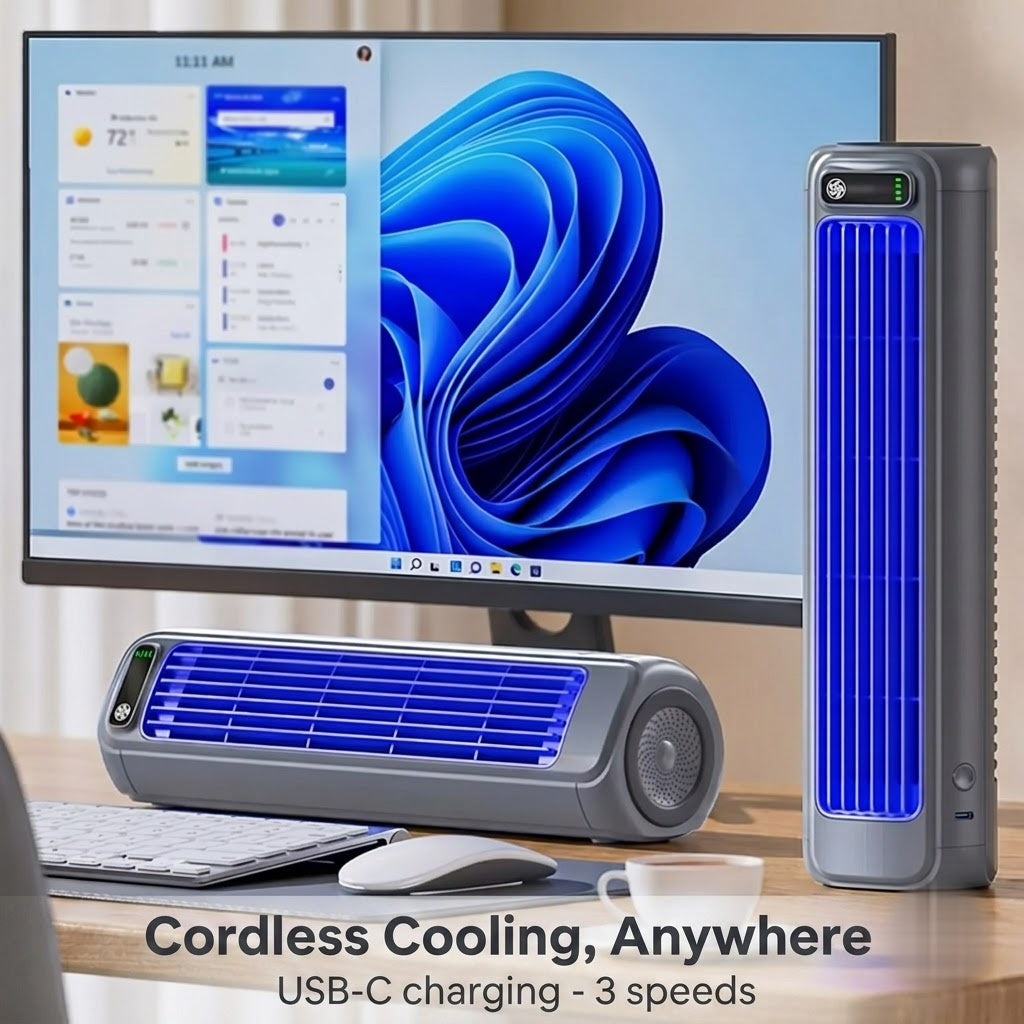 Cordless USB-C rechargeable BOLTHUT tower fan with 3 speeds on a desk