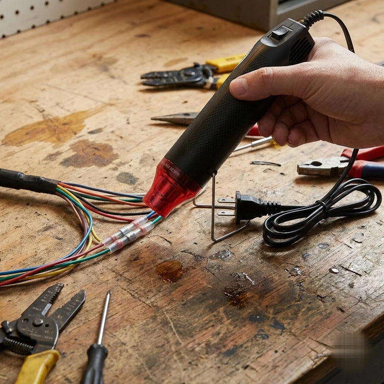 BOLTHUT mini heat gun resting on its stand on a workbench