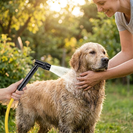 The dog owner with a muddy pup