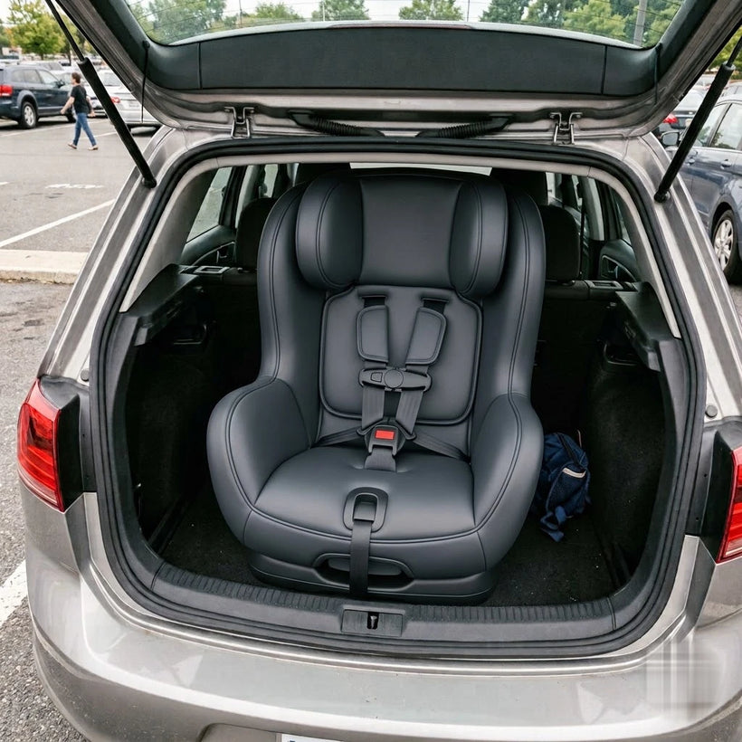 Trunk crowded by a large traditional car seat