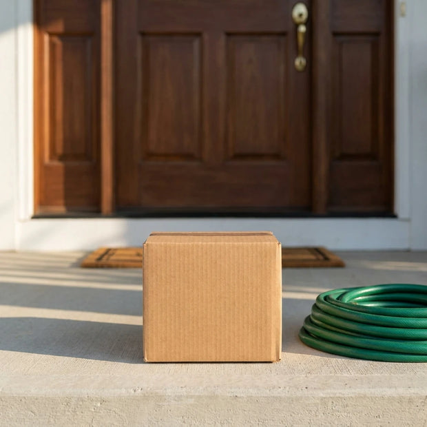 BoltHut package on a doorstep next to a coiled garden hose
